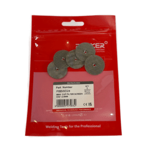 En röd förpackning märkt "Filter till FRK-kåpor med gaslins, 17 - 20 - 23 - 25 mm 5-pack" innehåller fem runda metallfilter med centrumhål. På förpackningen finns artikelnummer PBBWD24 och en streckkod.