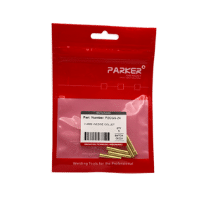 En röd återförslutningsbar "Parker"-påse märkt Wedge collet spännhylsa Lilla Linde - 5-pack innehåller fem 2,4 mm kilhylsor, artikelnummer P2CG2S-24, antal 5, batch BZCZA, för svetsverktyg.