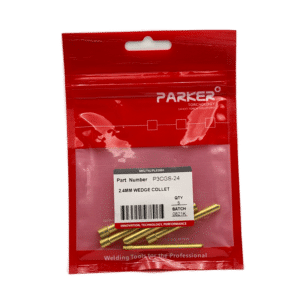 En röd återförslutningsbar påse märkt "PARKER" innehåller fem mässingsfärgade Wedge spännhylsor spännhylsa Stora Linde. Den vita etiketten visar artikelnummer P3CGS-24, batch 1021K och produkt- och kvantitetsinformation.