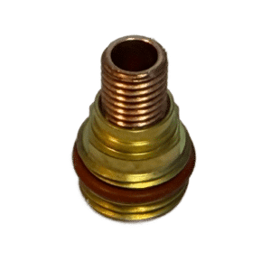 Närbild av en Gaslins till FRK-kåpor, Lilla Linde-armatur av mässing och kopparfärgad metall med gummipackning, mot en vit bakgrund.