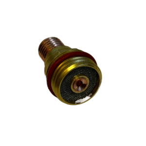 En närbild av Gaslins till FRK-kåpor, Lilla Linde visar dess gängade ände, nätfilter vid basen och en gummi- eller silikonpackning, mot en vit bakgrund.