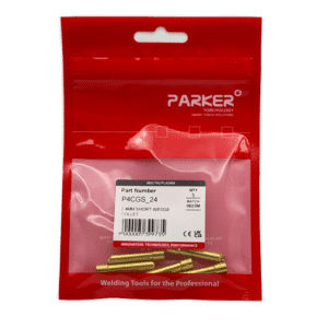 En röd Parker-förpackning med genomskinligt fönster innehåller fem Wedge spännhylsa Stubby kort Stora Linde (5-pack). Etiketten visar artikelnr. P4CGS_24 och produktinformation. Två spännhylsor av mässing är synliga inuti.