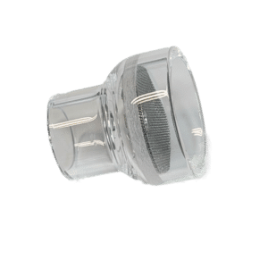 FRK-gaskåpa i glas (kvarts) PBBWQ 25 mm med gaslins är en adapter i klarglas med ena änden bredare än den andra och en inbyggd nätskärm i mitten, som visas isolerad mot en vit bakgrund.