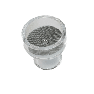 FRK-gaskåpa i glas (kvarts) PBBWQ 25 mm med gaslins är ett klart, cylindriskt glasmunstycke med en finmaskig metallskärm och en central stift, mot en vit bakgrund.