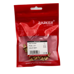 En röd återförslutningsbar påse märkt "Parker Torchtechnology" innehåller fem Munstycksfäste till Quartz-TIG-kit lilla linde, med en vit etikett som visar artikelnummer PCB2_GS1 och texten "COLLET BODY".