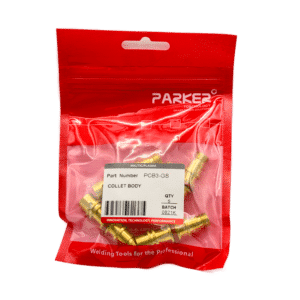 En röd återförslutningsbar påse märkt "Parker" innehåller 5 Munstycksfäste till Quartz-TIG-kit stora linde, artikelnummer PCB3-GS, batch 0821K. På förpackningen står det "Svetsverktyg för proffs".