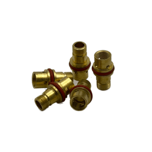 Five Munstycksfäste (collet body) till Quartz-TIG-kit stora linde Stubby kort - 5-pack fittings with red O-rings are arranged on a plain white background.