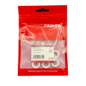 En röd och genomskinlig förpackning märkt "Parker Torchology" innehåller fem vita värmesköldsdelar (Värmesköld till Quartz-TIG-Kit Lilla Linde - 5-Pack), artikelnummer PHSGS920_1, som beskrivs som svetsverktyg för proffs.