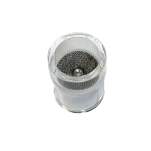 FRK-gaskåpa i glas (quartz) PJZ10Q 17 mm med gaslins är en klar cylindrisk behållare med en metallnätskärm i mitten och en liten metallkula under, mot en vit bakgrund.