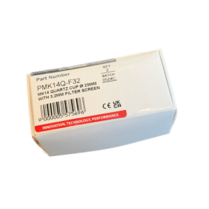 En vit låda märkt "PMK14Q-F32" innehåller två FRK-gaskåpa i glas (kvarts) PMK14Q 23 mm med gaslins. Etiketten visar en streckkod, batchnummer 0524C och orden "Innovation, Technology, Performance.