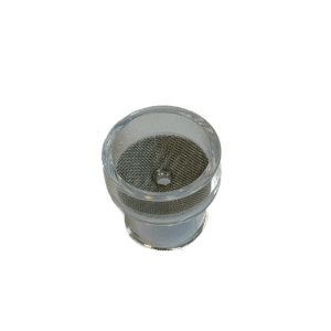 Närbild av FRK-gaskåpa i glas (kvarts) PMK14Q 23 mm med gaslins, en transparent cylindrisk komponent med metallnät inuti, fotograferad mot en vit bakgrund.