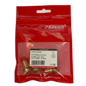 I en röd plastpåse märkt "Parker" finns två stubbformade gaslinsarmaturer i mässing för TIG-svetsning, med artikelnummer PSTBG45V43QZ och produktnamn Gaslins till FRK-kåpor, Stora Linde på den synliga etiketten.