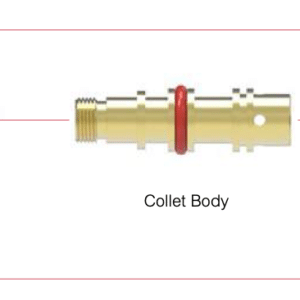 Sprängskiss av Munstycksfäste (spännhylsa) till Quartz-TIG-kit stora linde - 5-pack, med fem märkta metall- och glasdelar: värmesköld, kilspännhylsa, spännhylsa, volframadapter med skärmar, påskjutbar klar kvartsskål.